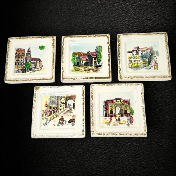 Vintage Ucagco Japan Ceramic Wall Plaques Paris France Set of 5 Hand Painted 4" - Picture 2 of 10